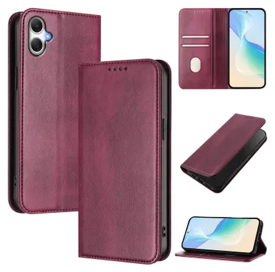 A collage of images showing a red leather phone case for a Samsung Galaxy A06.