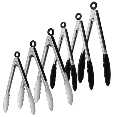 Produktbild von Set aus 6 Küchenzangen, 18/23/30 cm, schwarz, aus Edelstahl und Silikon