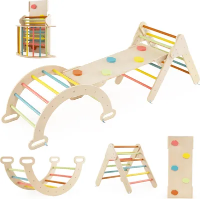 A collage of a wooden climbing toy set for children, including a climbing triangle, arch climber, and rocker.