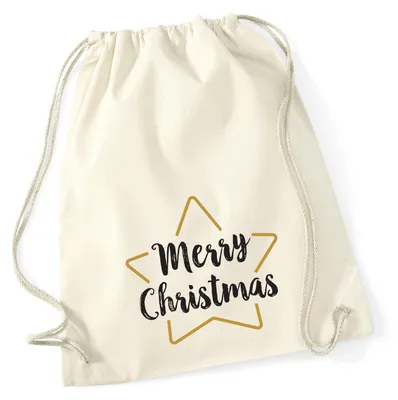 Produktbild von Huuraa Turnbeutel Weihnachtsstern Merry Christmas 12 Liter Natural Baumwolle Rucksack Geschenkidee