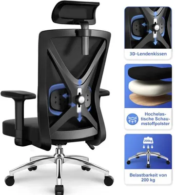 Produktbild von Aiibot Bürostuhl, Bürostuhl Ergonomisch Schreibtischstuhl mit Verstellbaren Armlehnen, weiche Lendenstütze und Kopfstütze, Chefsessel Drehstuhl 200 kg