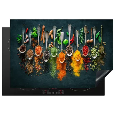 Produktbild von KitchenYeah© Herdabdeckplatte Kräuter - Gewürze - Löffel , 77x51cm, Küche Deko, Glaskeramikkochfeld Herdabdeckung, Abdeckplatte fùr Kochfeld