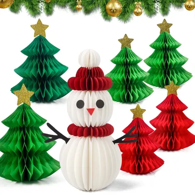 7-teiliges Kerstdecoratie-Set: Papierbäume + Schneemann, 18–25 cm