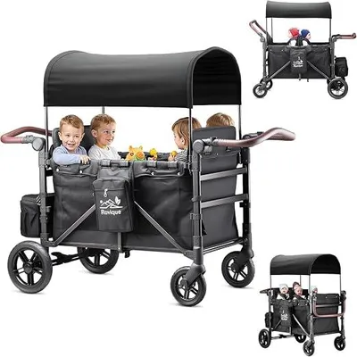 Produktbild von Bollerwagen faltbar mit Dach 4 Kinder,Handwagen faltbar Kinderwagen Baby Bollerwagen mit Dach,abnehmbarem Tablett,5-Punkt-Gurt,verstellbarem Griff,hohem Sitz und großem Stauraum, Schwarz