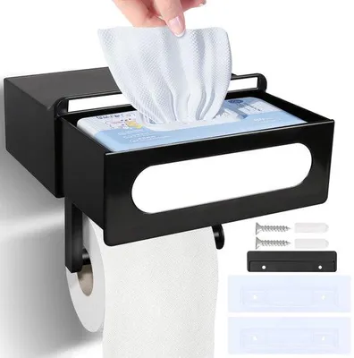 Zdjęcie produktu dla Uchwyt na papier toaletowy bez wiercenia, czarny uchwyt na papier toaletowy, uchwyt na papier toaletowy z uchwytem na chusteczki nawilżane, uchwyt na papier toaletowy z drążkami do łazienki, samoprzylepny lub do wiercenia (czarny)