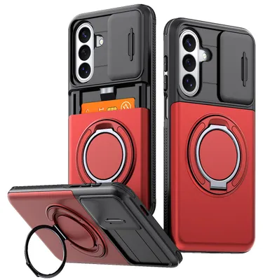 Produktbild von Handyhülle mit Kartenfach für Samsung Galaxy A35, Schiebe Kameraschutz, Ringhalter Ständer, Stoßfeste Schutzhülle Rot