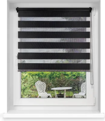 A black and white striped roller blind is shown in a window, with a garden scene visible through the lower part of the window.