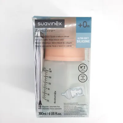 A Suavinex Zero Anti-Colic baby bottle is shown in its packaging against a white background.