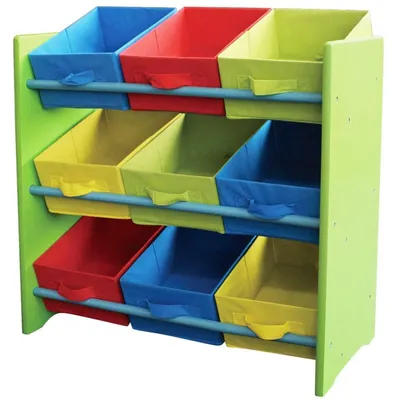 Produktbild von BURI Kinderregal mit 9 bunten Stoffboxen | Kinderzimmerregal aus Holz mit stabilen Seitenwänden | Kindermöbel Regal zur Aufbewahrung von Spielzeug, Büchern & Kleidung | 66x64,5x30 cm