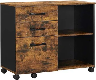 Productafbeelding van Famanu Ladeblok met wielen - Met wielen, 3 compartimenten, 2 open vakken, houtlook, bruin/zwart