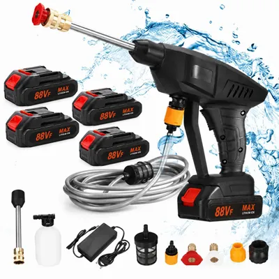 Produktbild von Hochdruckreiniger 21V 1500mAh Akku-tragbare Hochdruckreinigungsmaschine, KFZ-Reiniger mit 5 Akkus, 5 m Schlauch, zur Autos, Gärten und Lagern