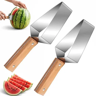 Produktbild von 2er Set Wassermelonenschneider aus Edelstahl mit Holzgriff, multifunktionaler Obstschneider für Melonen, Sommerfrüchte & Camping
