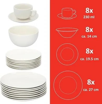Image de Set de vaisselle - 40 pièces - pour 8 personnes - porcelaine - comprenant assiettes, assiettes à dessert, bols, soucoupes et tasses - blanc