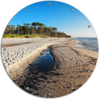 Produktbild von Wallario rundes Outdoor-Poster für Garten oder Balkon, Motiv Einsamer Strand am Meer - Blauer Himmel, 90 cm Durchmesser