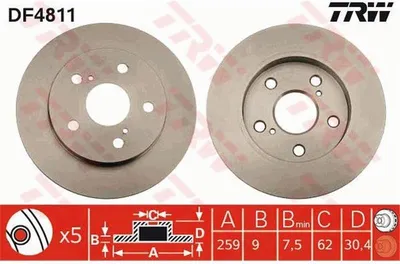 Produktbild von 2x TRW Bremsscheibe DF4811 für TOYOTA AURIS (NZE18_ ZRE18_) 30 5mm 259mm