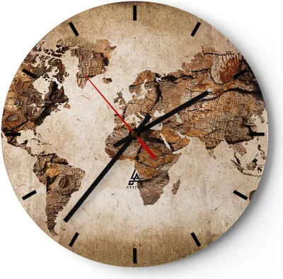 Produktbild von Wanduhr - Rund - Glasuhr - Karte Welt modern - 30x30cm - Schleichendes Uhrwerk - Lautlos - zum Aufhängen bereit - Dekoration Modern - Wanddekoration aus Glas - C3AR30x30-3590