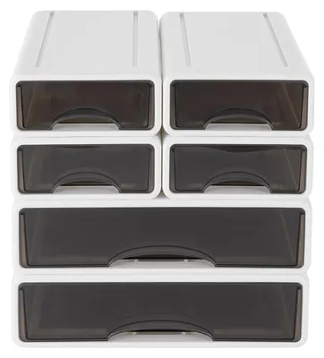 Obrázok produktu pre Úložný box na stôl – zásuvkový box – 6 zásuviek – stohovateľný – PP plast – dve veľkosti (34×25×9 cm/17×25×7,5 cm) – biely