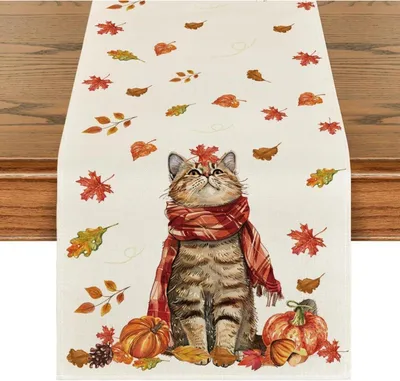 Zdjęcie produktu dla Jesienny bieżnik na stół modny kot liście klonu dekoracja kuchenna 40x180 cm beżowy