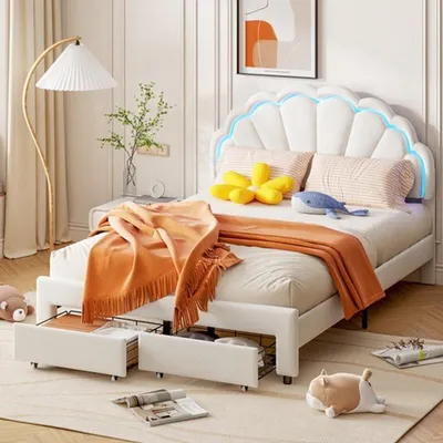 Obrázek produktu pro Postel s čalouněnou částečně čalouněnou konstrukcí, rozměry 90x200 cm, bílá barva, potah z veluru, s zásuvkami a LED osvětlením, určená pro dospělé