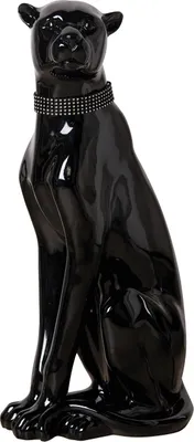A glossy black panther figurine with a studded collar, sitting on a white background.