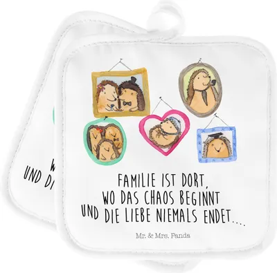 Produktbild von Mr. & Mrs. Panda Topflappen Igel Familie - Weiß - Geschenk, Doppel, Kochlappen, Papa, Bilder, Liebe, topfhalter, Set, Muttertag, Topfuntersetzer