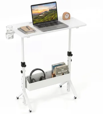 Imagen del producto de COSTWAY, escritorio de pie con altura ajustable de 70 a 117 cm, escritorio móvil con ruedas, cesta de tela, ranura para tablet y portavasos giratorio, mesa para portátil para trabajar de pie o sentado