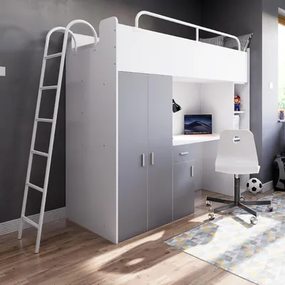 Produktbild von Marlux-Meble Hochbett Kinderbett JSM-4 80x190 mit Kleiderschrank Schreibtisch und Leiter Matt Kinderbetten Funktionsbett Etagenbett Stockbett Kinderhochbett Jugendhochbett (Graphit Matt)