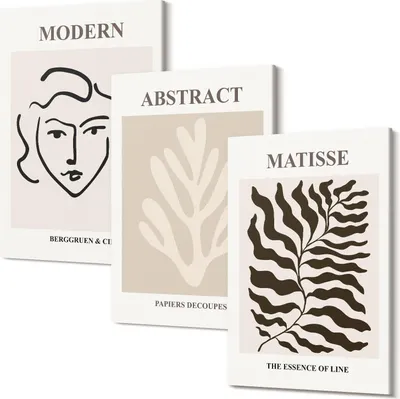 Produktbild von Leinwandbild – Wandbild – Leinwandbilder – Kunstdruck – Polycanvas – Modern – Mehrteilig – 3-Teilig Set – Hochwertig – Geruchslos – Lichtecht – Fertig Aufgespannt – 20x30 Cm Je Teil - Gesichter- und Blätterillustrationen der Grafiken von Henri Matisse
