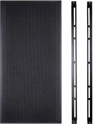 A black mesh panel and two black mounting brackets are shown against a white background.