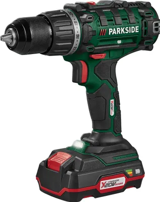 A cordless drill with battery and charger.