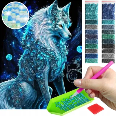 Zdjęcie produktu dla Haft diamentowy ARTULIO - Mistyczny wilk w kosmicznym stylu - 40 x 30 cm - Świecące diamenty AB - Diamond painting, Kompletny zestaw: mozaika + akceso