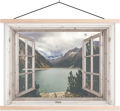 Produktbild von MuchoWow® Textilposter Aussicht - Berg - Wasser 150x113 cm mit holzfarbenen Rahmen - Poster
