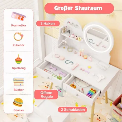 Productafbeelding van Kinderkaptafel met verlichting 2 in 1 kaptafel met spiegel wit
