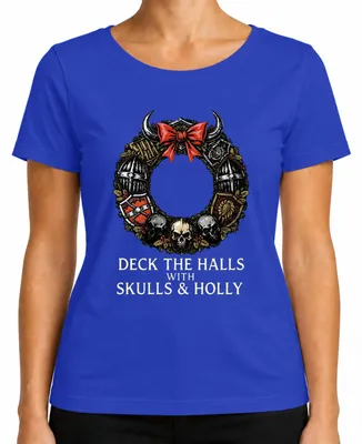 Produktbild von Deck The Halls With Skulls And Holly Gothic Metal Ritter Totenkopf Damen T-Shirt, Blau, M