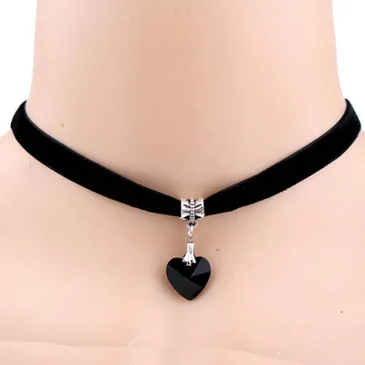 Produktbild von Frauen Gothic Herz Strass Anhänger Samt Halsband Kurze Halskette Schmuck Geschenk-Schwarz