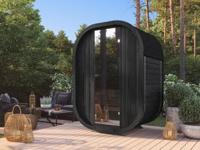 Produktbild von Fjordholz Fass-Sauna Modell Luxe Micro Black Edition