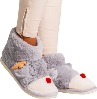 Produktbild von Damen Weich Hausschuhe Warm Fell Pantoffeln Stoff Slipper Rentier Grau Gr.38-39