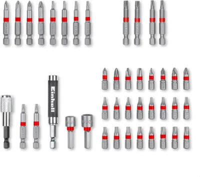 A collection of drill bits and accessories laid out on a white background.
