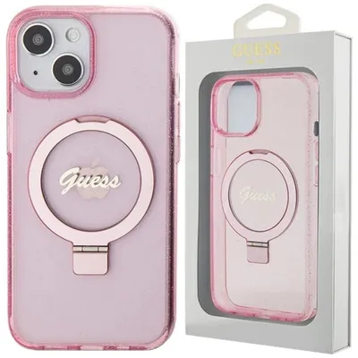 Zdjęcie produktu dla Etui Guess Ring Stand Script Glitter Magsafe Na Iphone 15 - Różowe