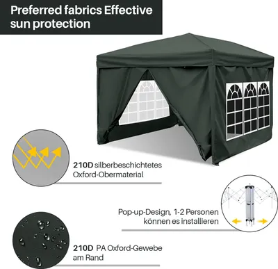 Image de Aopunly Pavillon pliable 3x3m Gris avec parois latérales Tente de réception protection UV réglable en hauteur avec sac de transport, pour jardin extérieur Camping