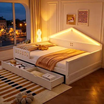 Produktbild von Flieks Tagesbett Jugendbett 140x200cm mit LED, Schlafsofa Holzbett mit Schubladen, Kinderbett Daybed mit Rausfallschutz, Weiß