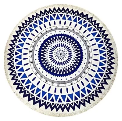 Rundes Strandtuch mit blau-weißem Mandala-Muster und Fransenkante