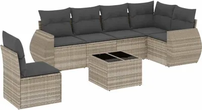 Produktbild von vidaXL 7-tlg. Garten-Sofagarnitur mit Kissen Hellgrau Poly Rattan