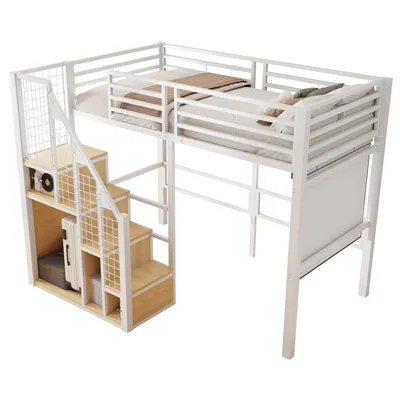 Produktbild von Hochbett mit Lattenrost, Rausfallschutz, Treppe, Regal und Kleiderschrank, 90x200 cm, Metallbett, Jugendbett