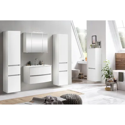 Produktbild von Badezimmermöbel Komplett Set in matt weiß LAURIA-03 mit Glasbecken und LED-Aufbauleuchte, BxHxT: ca. 200x200x49 cm