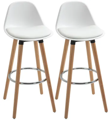 2er-Set Barhocker mit Rückenlehne, Kunstleder, weiß, Holzbeine