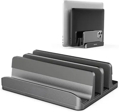 Produktbild von Famanu Laptopständer mit 3 Fächern für Computer, Tablet, Telefon - Passt für alle Laptopmodelle bis 17,3 Zoll - Aluminium Halter - Anti-Rutsch