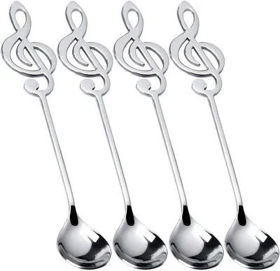 Produktbild von Unyqoos® 4er-Set Edelstahl-Löffel mit Musiknoten-Design – elegante Kaffeelöffel für Kaffee, Tee und Desserts, spülmaschinenfest