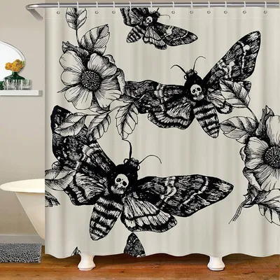 Image de Rideau de douche gothique avec motif squelette et fleurs pour un style de salle de bain unique