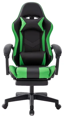 A black and green gaming chair is shown from the front against a white background.